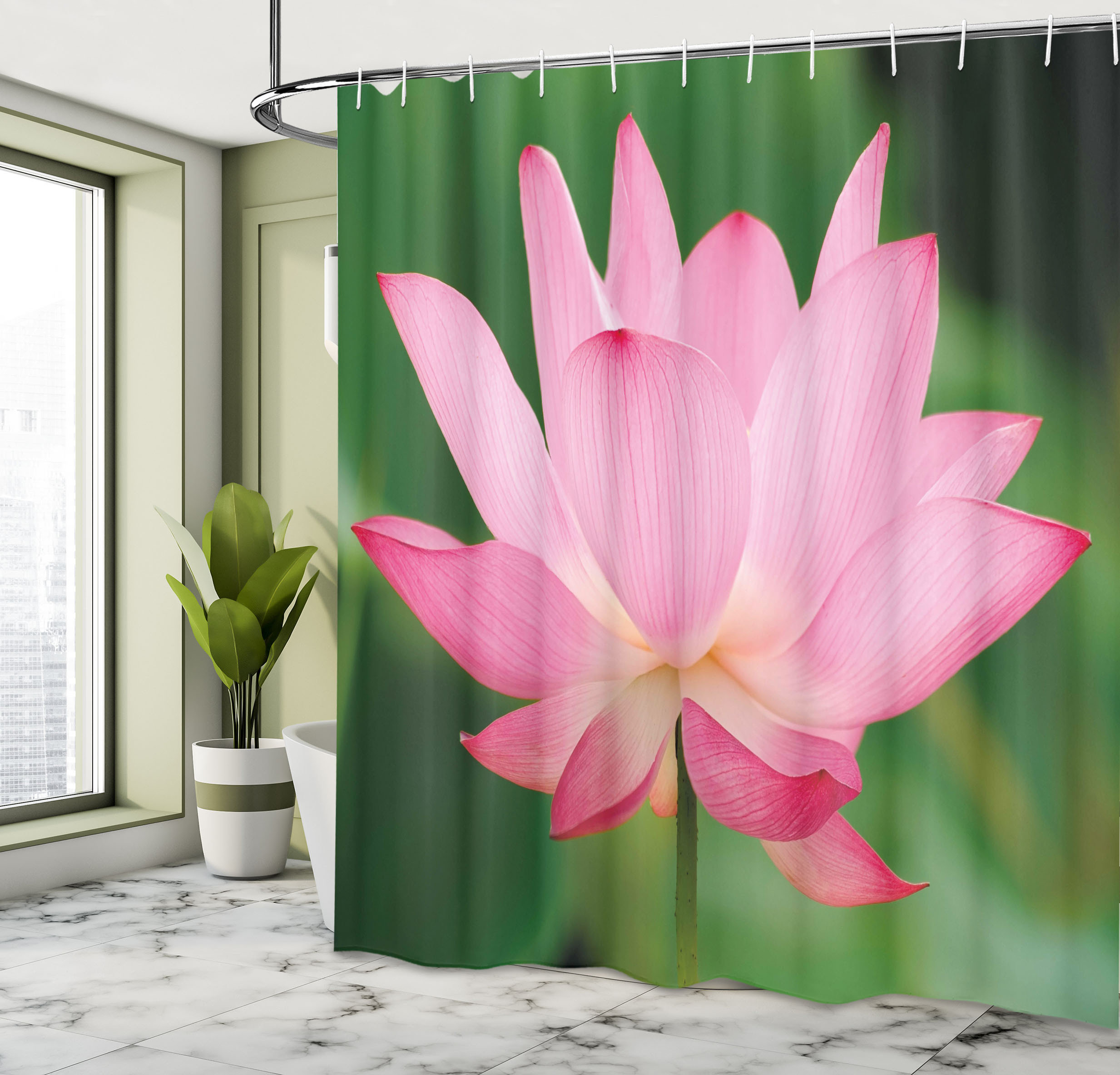 East Urban Home Pink and Green Shower Curtain Lotus Lily Blossom 69